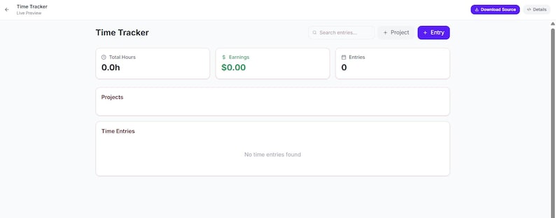 May include: A digital time tracker dashboard interface featuring a header with the text Time Tracker, a search bar, a project button, and an entry button. It displays summary boxes for total hours, earnings, and entries, plus sections for projects and time entries.