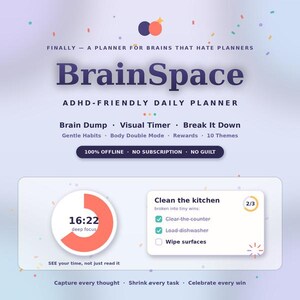May include: A digital daily planner interface titled BrainSpace, featuring a visual timer set to 16:22 and a task list for cleaning the kitchen with checkboxes. The layout includes text labels for features like Brain Dump, Visual Timer, and Body Double Mode.