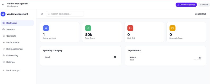 May include: A digital Vendor Management dashboard interface titled VendorHub. The layout includes a sidebar with navigation links and a main area displaying metrics for Active Vendors, Total Spend, High Risk, and Renewals Soon, plus tables for Spend by Category and Top Vendors.