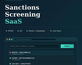 Sanctions Screening SaaS Source Code | OFAC, EU Compliance App (React, Supabase)