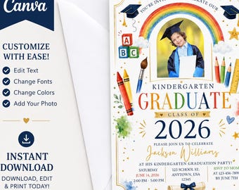 Kindergarten Graduation Invitation Template, Editable Canva Graduation Invite, Preschool Graduate Photo Invite, Class of 2026 (Digital)