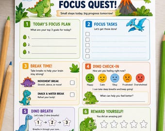 May include: A colorful Dino Focus Quest! chart with a green dinosaur illustration. The chart includes sections for focus plans, tasks, breaks, and a check-in. It also has a reward section and reminders. The chart is designed to help with focus and productivity.
