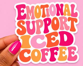 Emotional Support Iced Coffee Sticker or Magnet, Funny Coffee Lover Gift, Retro Pink Vinyl Decal, Cute Aesthetic Water Bottle Sticker