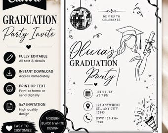 Female Black & White Illustrated Graduation Party Invitation Template, Class of 2026 Grad Invite, Canva Graduation Announcement (Digital)