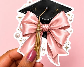 Coquette Graduation Cap Sticker, Class of 2026 Decal, Pink Bow Grad Gift, Cute Senior Sticker, Vinyl Die Cut for Laptop & Water Bottle