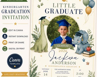 May include: A kindergarten graduation invitation template featuring a circular photo frame of a child in a blue cap and gown. The design includes watercolor illustrations of two dinosaurs wearing graduation caps, balloons, and books with text.