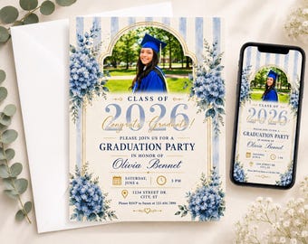 May include: A graduation party invitation card and a smartphone displaying the same design. The design features blue watercolor stripes, floral clusters, and a photo of a graduate in a cap and gown. Text includes Class of 2026, Congrats Graduate, and Olivia Bennet.