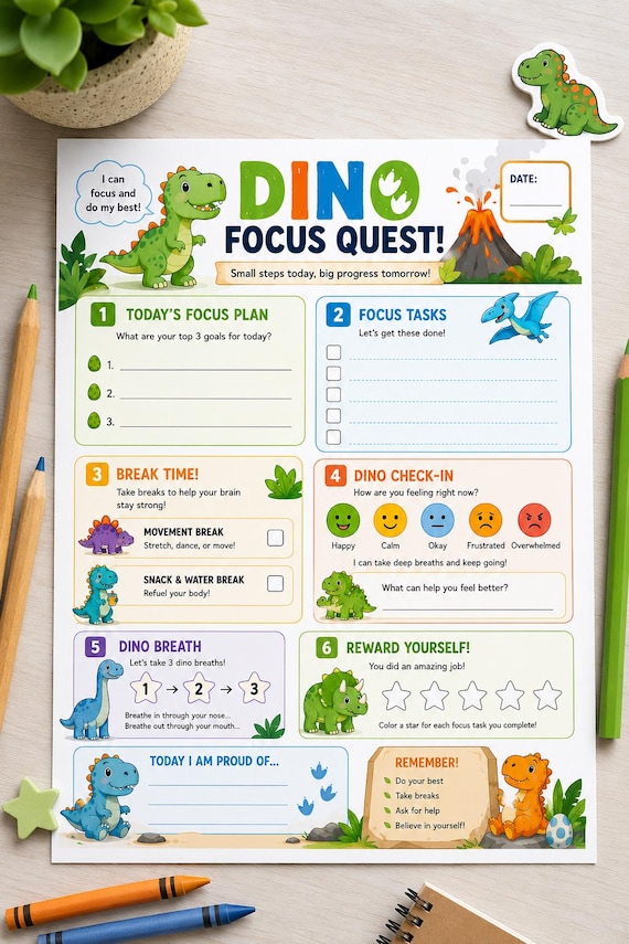 ADHD Dinosaur Focus Worksheet for Kids | Daily Routine, Calm Down Activity (PDF Download)