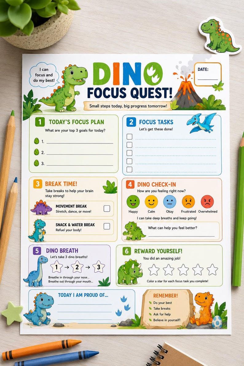 K&ouml;nnte beinhalten: Ein farbenfrohes Dino Focus Quest! Diagramm mit einer gr&uuml;nen Dinosaurier-Illustration. Das Diagramm enth&auml;lt Abschnitte f&uuml;r Fokuspl&auml;ne, Aufgaben, Pausen und einen Check-in. Es hat auch einen Belohnungsbereich und Erinnerungen.
