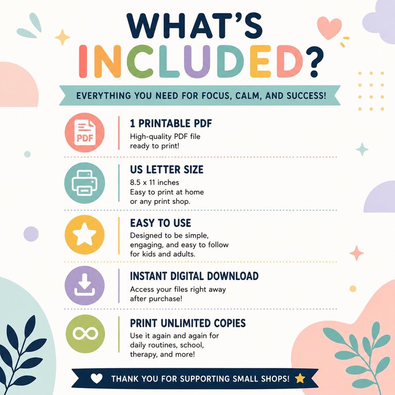 K&ouml;nnte beinhalten: Buntes Grafikdesign mit dem Text &bdquo;WHAT'S INCLUDED?&ldquo; und Details zu einem druckbaren PDF, einschlie&szlig;lich US Letter-Gr&ouml;&szlig;e (21,6 x 27,9 cm), Benutzerfreundlichkeit, sofortigem digitalem Download und unbegrenzten Kopien. Das Design ist f&uuml;r Fokus, Ruhe und Erfolg konzipiert.