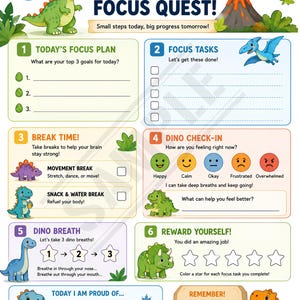 K&ouml;nnte beinhalten: Ein farbenfrohes Dino Focus Quest-Diagramm mit einem gr&uuml;nen Dinosaurier und dem Text "Ich kann mich konzentrieren und mein Bestes geben!". Enth&auml;lt Abschnitte f&uuml;r Aufgaben, Pausen und Belohnungen. Mit Vulkan- und Dinosaurierillustrationen.