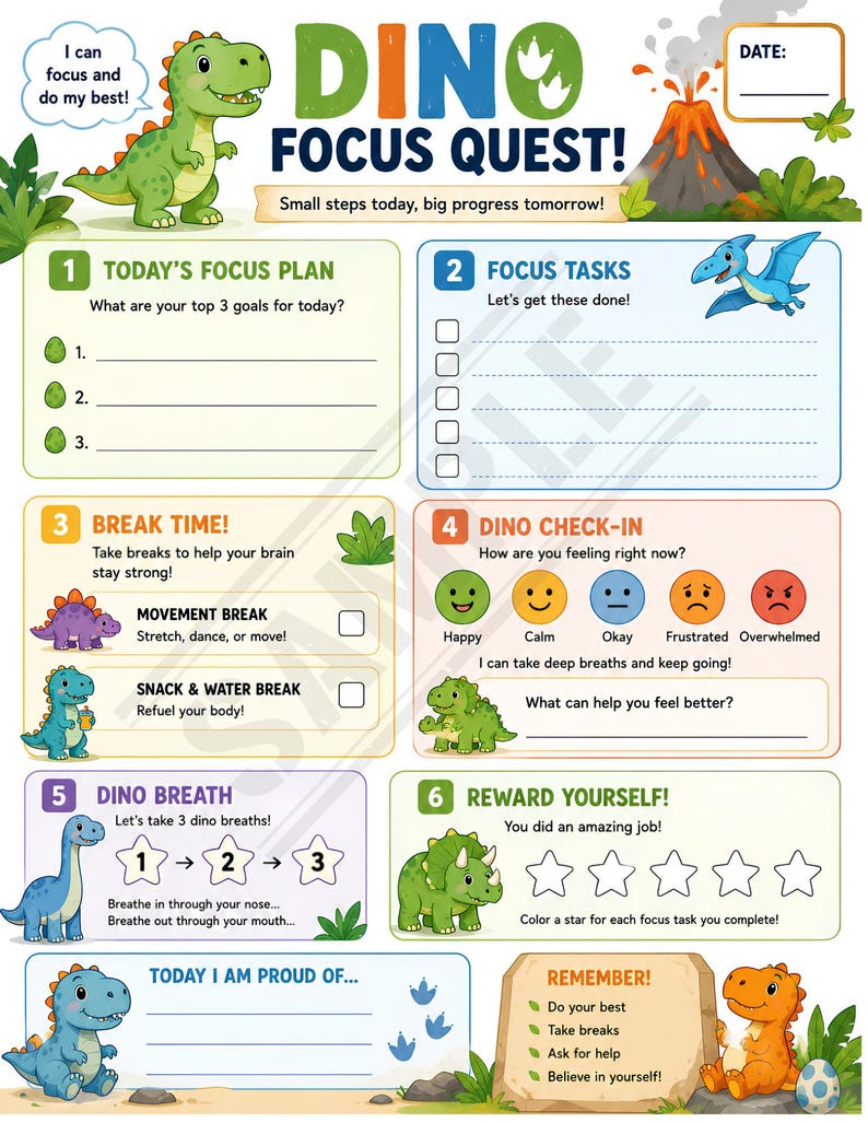 K&ouml;nnte beinhalten: Ein farbenfrohes Dino Focus Quest-Diagramm mit einem gr&uuml;nen Dinosaurier und dem Text "Ich kann mich konzentrieren und mein Bestes geben!". Enth&auml;lt Abschnitte f&uuml;r Aufgaben, Pausen und Belohnungen. Mit Vulkan- und Dinosaurierillustrationen.