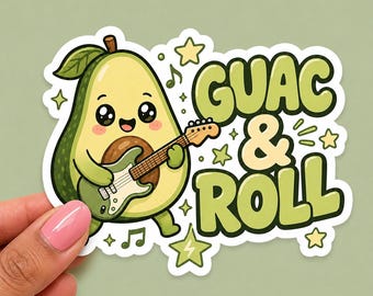 May include: A sticker featuring a cartoon avocado playing an electric guitar. The avocado has a smiling face and is surrounded by musical notes and stars. The words "Guac & Roll" are written in green and yellow bubble letters.