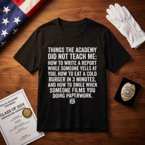 May include: Black t-shirt with white text: "THINGS THE ACADEMY DID NOT TEACH ME: HOW TO WRITE A REPORT WHILE SOMEONE YELLS AT YOU..." Also, a police badge, white gloves, and a graduation program.