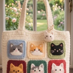 May include: Cream-colored crochet tote bag featuring six colorful cat faces in square patches. The bag has a matching handle and a small cat-shaped keychain. The background shows a window with a garden view.