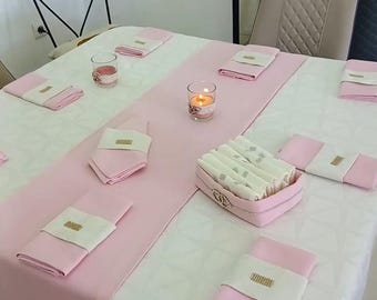 Handmade White and Pink Tablecloth, Runner, Napkins Set – Elegant Dining Decor