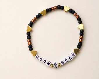 Moon & Back beaded bracelet. 14k gold plated hearts.
