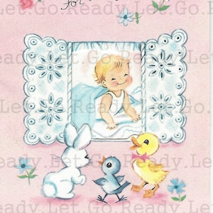 Baby Meisje Kleine Gift Card DIGITALE AFBEELDING Afdrukbare Download Bunny Bird Duck 1960's Baby Shower Tiny Junk Journal Collage Ephemera