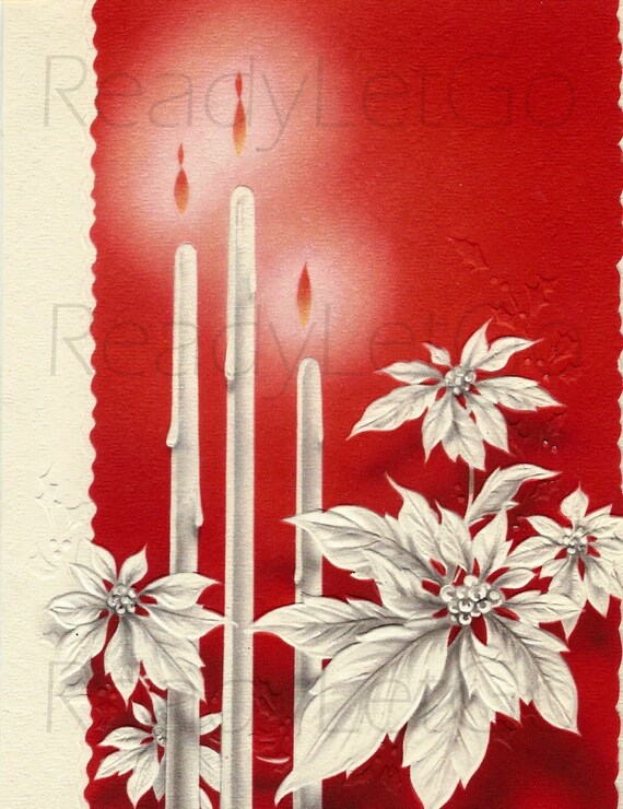 Vintage Christmas Cards 1946 Candles Poinsettias Carols Set of 2 DIGITAL IMAGES Original Size Junk Journal Collage Altered Art Ephemera
