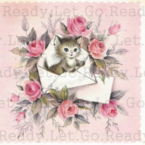 子猫の手紙バラのメモカードデジタル画像印刷可能ダウンロード1960年代オリジナルサイズジャンクジャーナルコラージュ改造アートエフェメラ