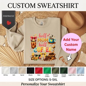 Half Mom Half Coffee-sweater met ronde hals, Motherhood Cafeïne-trui