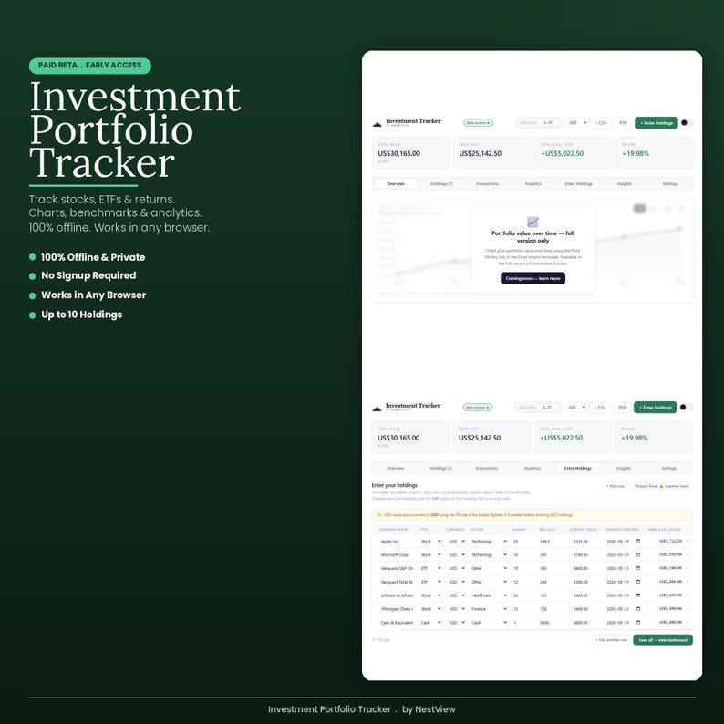 May include: An Investment Portfolio Tracker digital tool interface displayed on a dark green background. The software features a dashboard for tracking stocks, ETFs, and returns with charts, analytics, and a table for holdings. Text includes 'Investment Portfolio Tracker', '100% Offline & Private', 'No Signup Required', 'Works in Any Browser', and 'Up to 10 Holdings'.