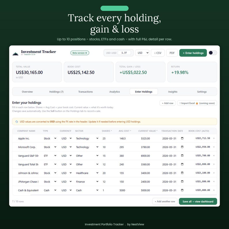 May include: A digital investment tracker interface displaying financial data including total value, book cost, and gain or loss. The dashboard features a table for entering holdings like stocks, ETFs, and cash, with columns for company name, currency, and shares.