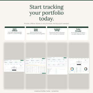May include: A digital investment portfolio tracker interface featuring the text Start tracking your portfolio today. The layout includes four informational boxes detailing offline, paid beta, instant setup, and private features, with four dashboard screenshots.