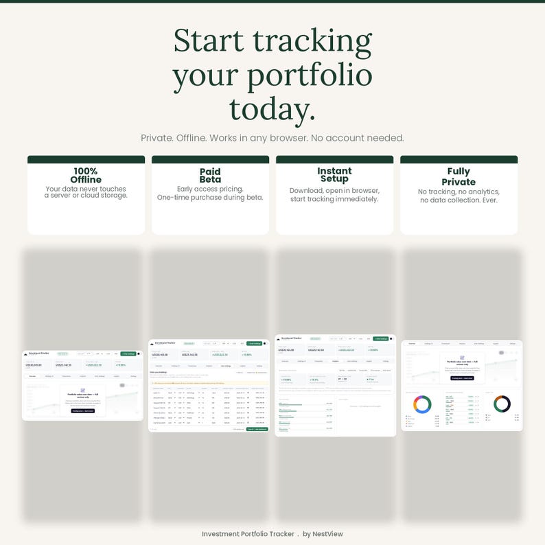 May include: A digital investment portfolio tracker interface featuring the text Start tracking your portfolio today. The layout includes four informational boxes detailing offline, paid beta, instant setup, and private features, with four dashboard screenshots.