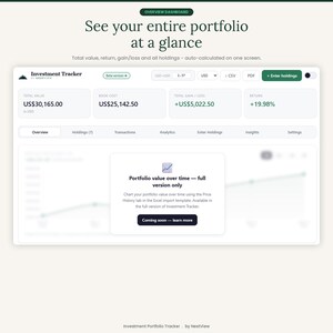 May include: A digital investment tracker dashboard displaying financial data including total value of US$30,165.00, book cost of US$25,142.50, total gain of US$5,022.50, and a 19.98% return. The interface features navigation tabs and a portfolio chart placeholder.
