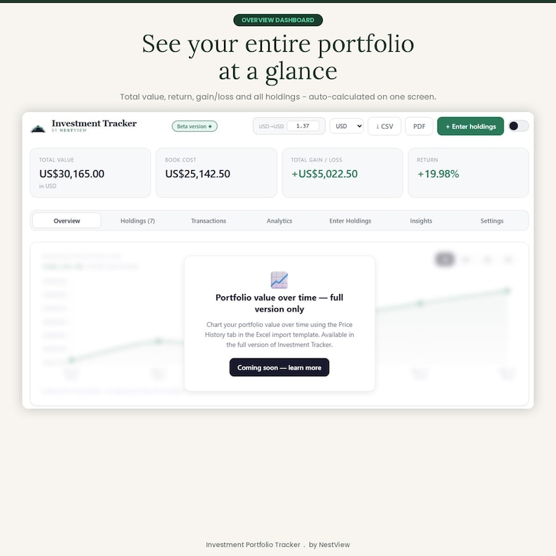 May include: A digital investment tracker dashboard displaying financial data including total value of US$30,165.00, book cost of US$25,142.50, total gain of US$5,022.50, and a 19.98% return. The interface features navigation tabs and a portfolio chart placeholder.