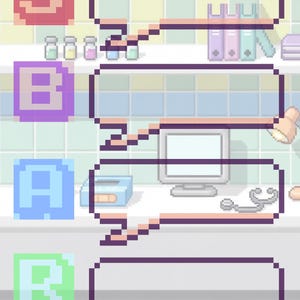 May include: Pixel art image of a medical setting with speech bubbles. The image includes the letters S, B, A, and R in pixelated blocks. A computer, stethoscope, and medical items are shown.