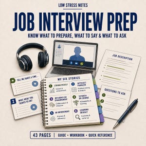 May include: A job interview preparation kit featuring a spiral-bound workbook titled My Six Stories, a laptop displaying a video call, black headphones, a pen, and printed sheets labelled Job Description and Questions to Ask, all on a light background.