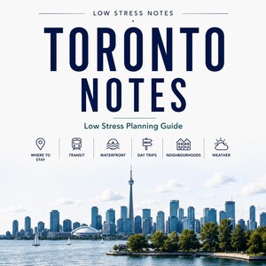 May include: A travel guide titled Toronto Notes Low Stress Planning Guide featuring a skyline photograph of Toronto with the CN Tower, water, and sailboats. Icons for Where to Stay, Transit, Waterfront, Day Trips, Neighbourhoods, and Weather are included.