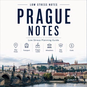 Pode incluir: Um guia de viagem intitulado Low Stress Notes Prague Notes Low Stress Planning Guide com ícones para Stay Areas, Transport, Prague Castle, Attractions, Day Trips e Costs sobre uma vista panorâmica da Ponte Carlos e do Castelo de Praga.
