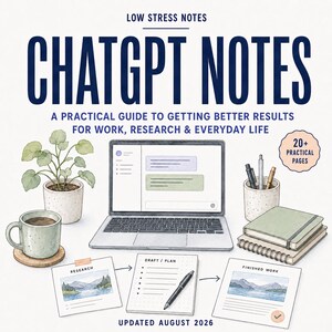 May include: A digital guide titled CHATGPT NOTES: A PRACTICAL GUIDE TO GETTING BETTER RESULTS FOR WORK, RESEARCH & EVERYDAY LIFE. The cover features a laptop, a potted plant, a coffee mug, notebooks, pens, and papers labeled RESEARCH, DRAFT/PLAN, and FINISHED WORK.