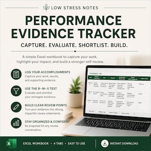 Może przedstawiać: Cyfrowy skoroszyt programu Excel Performance Evidence Tracker z ciemnozielonym i białym układem. Tekst brzmi Low Stress Notes, Performance Evidence Tracker, Capture, Evaluate, Shortlist, Build i szczegółowo opisuje kroki rejestrowania.