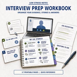 Op de afbeelding: Een Low Stress Notes interviewvoorbereidingswerkboek met een spiraalgebonden notitieboek getiteld My Six Stories, een laptop met een videogesprek, diverse notitiekaarten met vragen, een functieomschrijvingsblad en een blauwe pen.