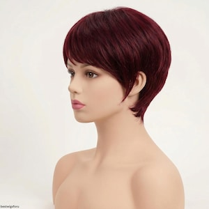 Peluca corta de cabello humano rojo / Peluca de mujer de corte pixie, suave y natural