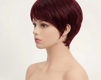 Short Red Human Hair Wig | Pixie Cut Natural Soft Fashion Women's Wig