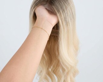 Parrucca in capelli umani biondo perla / Capelli veri setosi, morbidi e lussuosi dall'aspetto naturale.