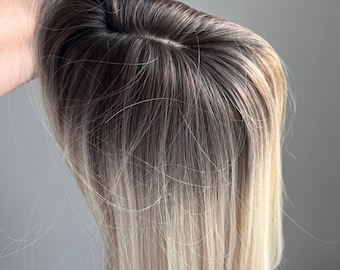 Blonde Human Hair Topper with Bangs | Ombre Brown Roots Natural Volume Hairpiece for Women