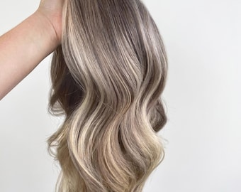 Blonde Human Hair Topper with Bangs | Ombre Brown Roots, Silky Smooth Texture