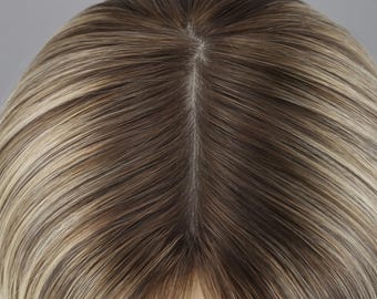 Virgin Human Hair wig Topper blonde | Sandy Honey Balayage icy Blonde Natural Volume Hairpiece
