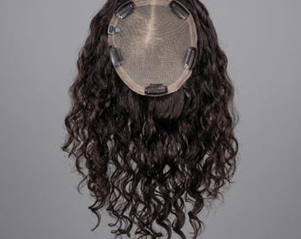 Curly Human Hair Topper | Full Silk Base Natural Black Hairpiece with Bangs for Women