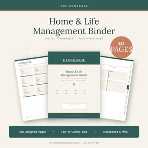 Op de afbeelding: Een digitale en printbare Home & Life Management Binder met 326 pagina's. De omslag is crèmekleurig met donkergroene accenten en de tekst "Home & Life Management Binder". De binder bevat tap-to-jump tabs en is volledig hyperlinked.