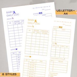 Puede incluir: Dos hojas imprimibles de registro diario para bebés en tamaños US Letter y A4. Las hojas son blancas con texto y gráficos azules y dorados. El texto incluye "Baby Daily Log", "Feeding", "Activities" y "Diapers". La imagen también incluye el texto "8 Styles".