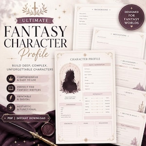 May include: Fantasy character profile sheets with a crown silhouette, designed for fantasy writers. The sheets include sections for background, motivations, relationships, and abilities. The text reads "Ultimate Fantasy Character Profile" and "Designed for Fantasy Worlds."