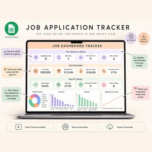 May include: A digital job application tracker displayed on a laptop screen, featuring a Google Sheets interface with sections for search overview, pay goals, and performance metrics, including pie and bar charts to visualize application status.
