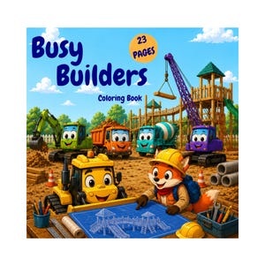 Puede incluir: Un libro para colorear cuadrado titulado Busy Builders con 23 páginas. La portada muestra un zorro de dibujos animados con casco amarillo, señalando un plano azul sobre una mesa. Al fondo, varios vehículos de construcción coloridos trabajan.